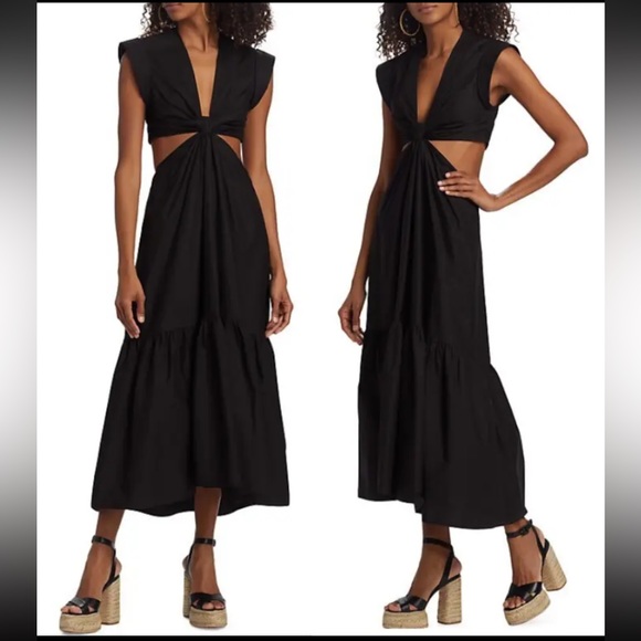 Jason Wu Waist Cutout Cuffed Cap Sleeve V-Neck Satin Dress Black, Size S, $400 - Picture 8 of 11